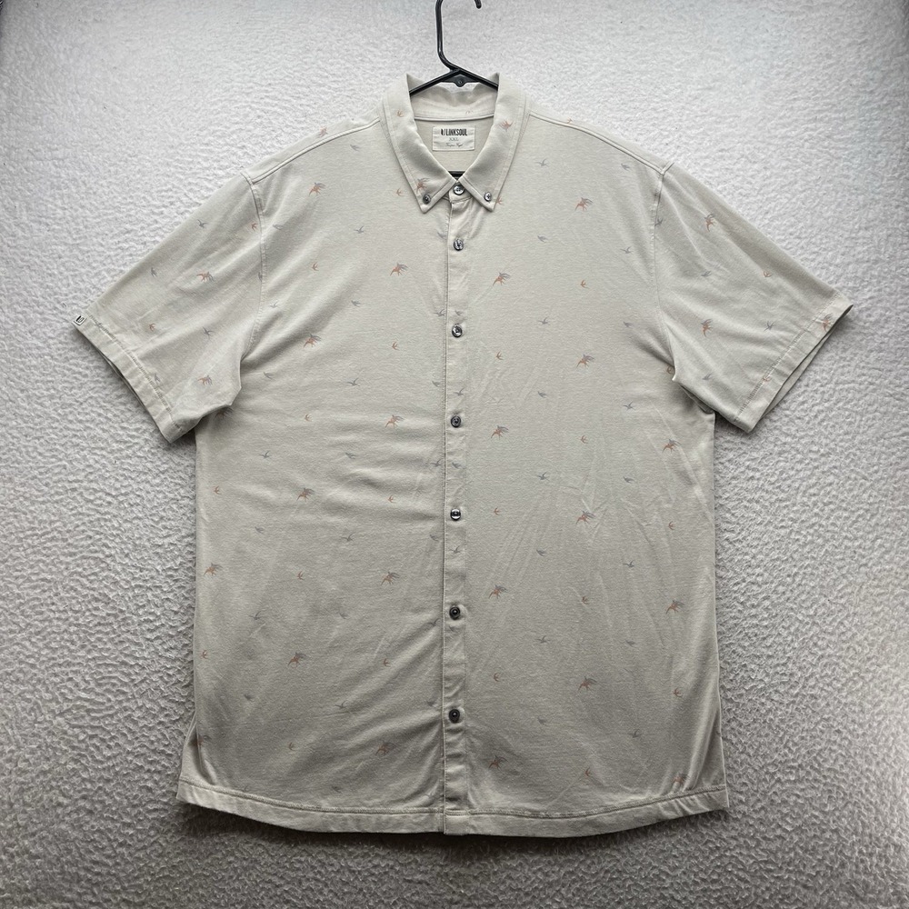 LinkSoul Button Up Shirt Mens 2XL XXL Beige Birds AOP Golf Tempus Organic Cotton